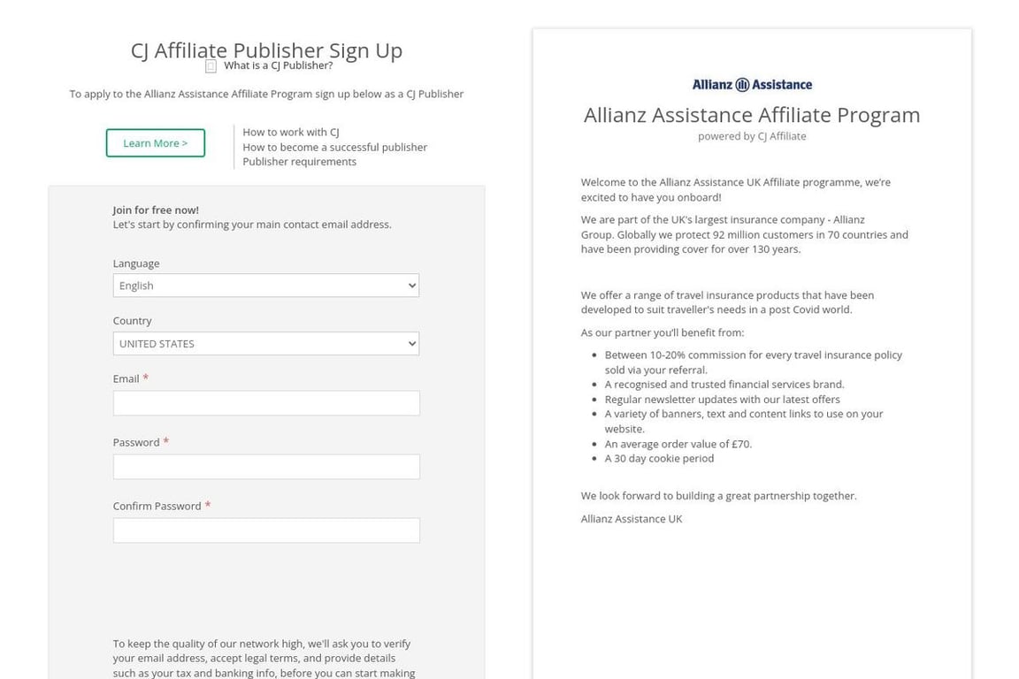 Allianz Assistance affiliate program signup page