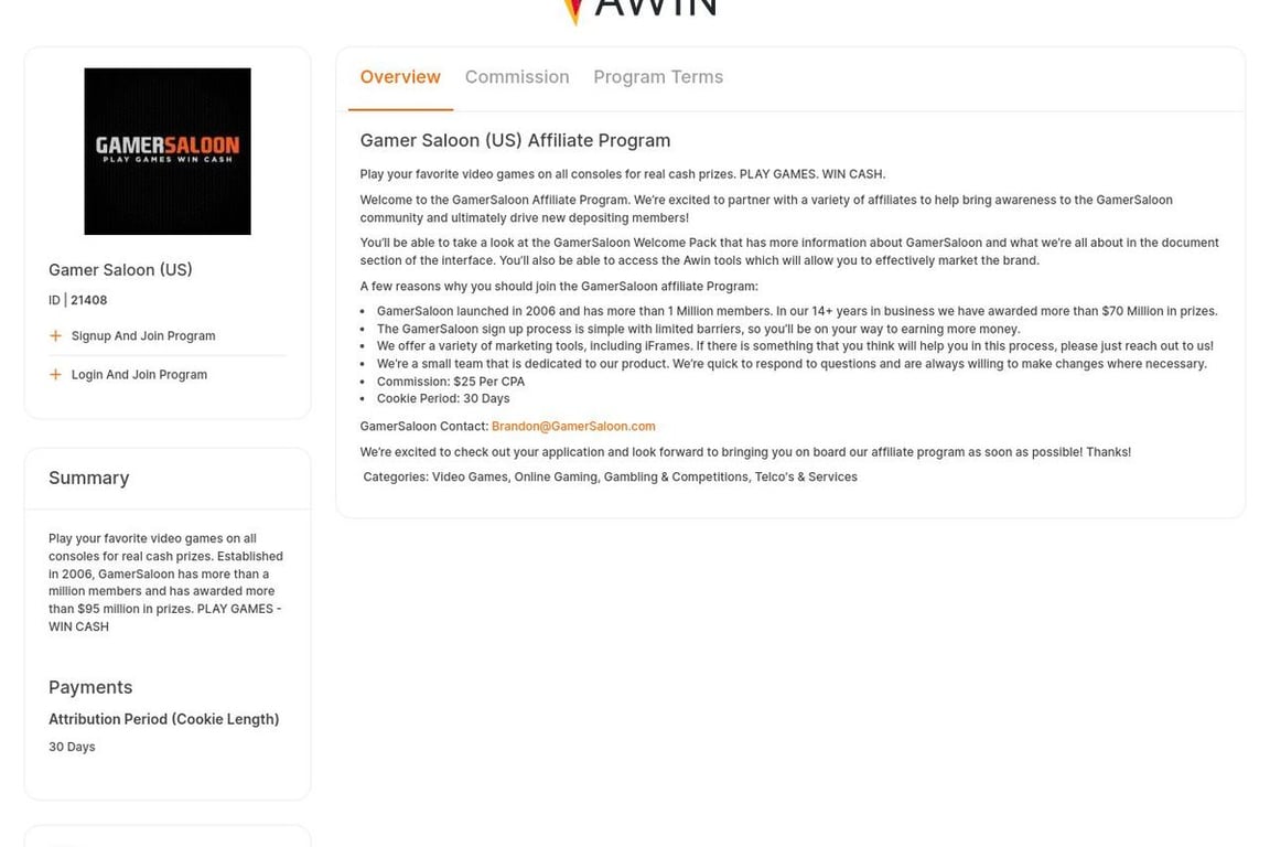 Gamer Saloon (US) affiliate program signup page