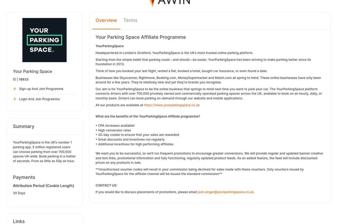 Your Parking Space affiliate program signup page