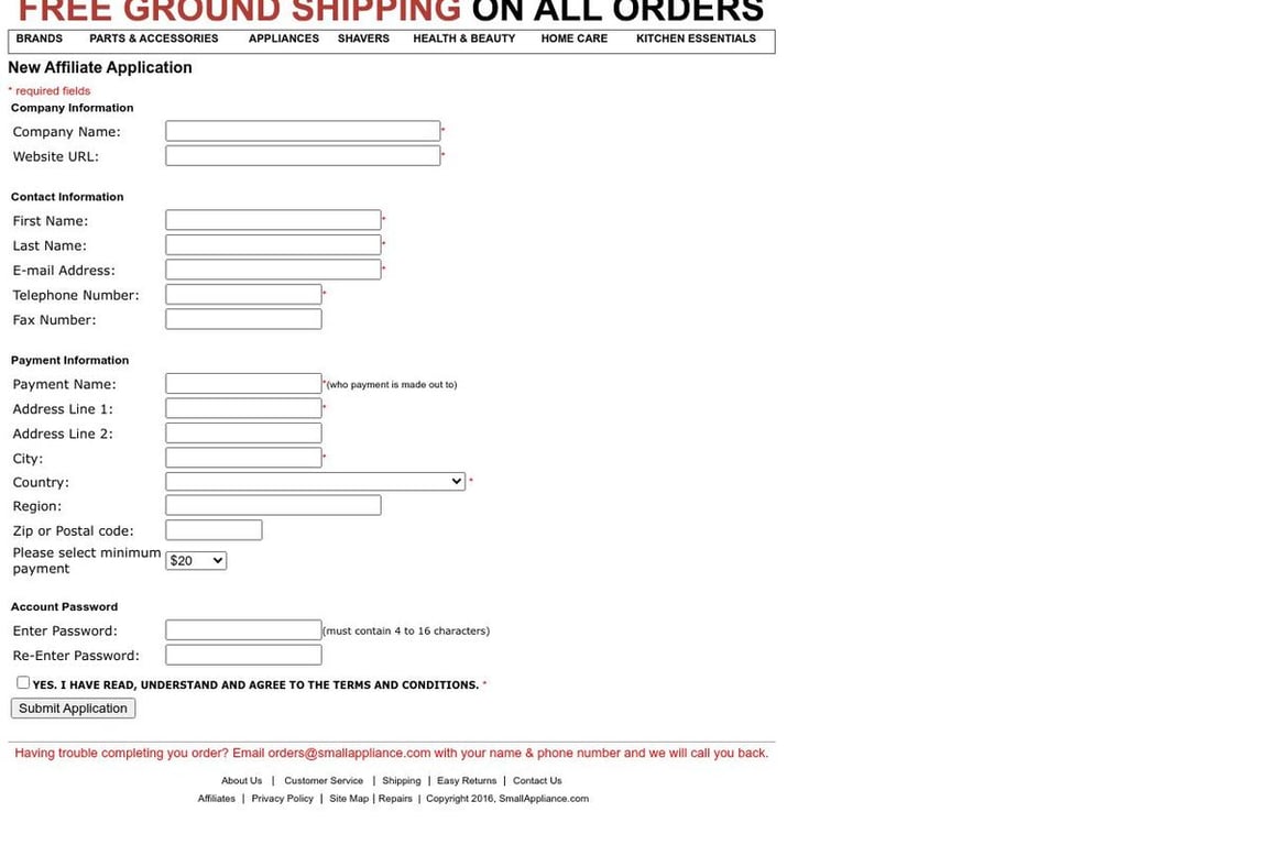 SmallAppliance.com affiliate program signup page