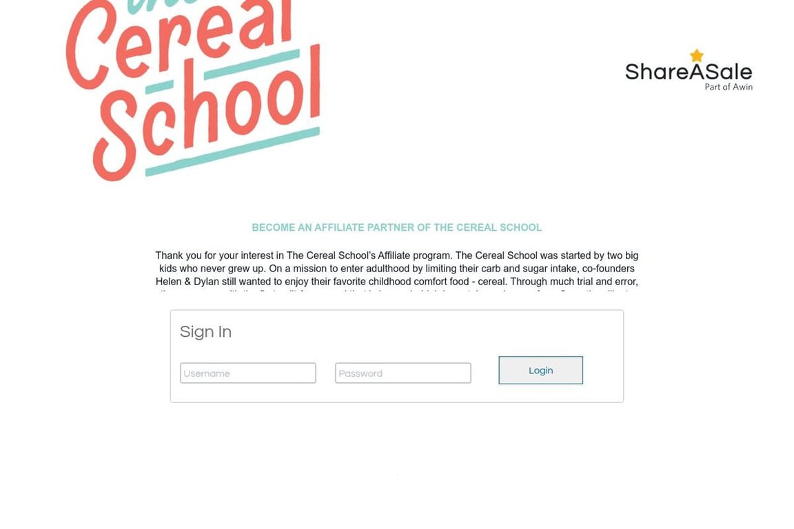 The Cereal School affiliate program signup page
