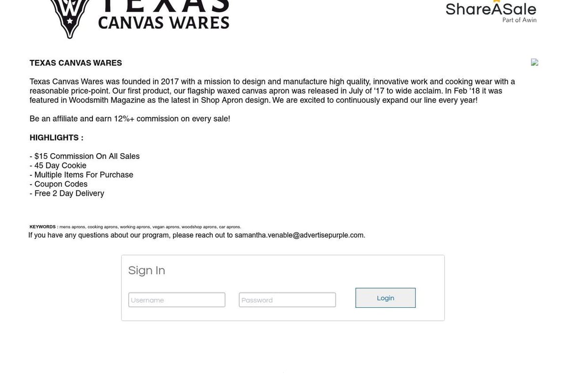 Texas Canvas Wares affiliate program signup page