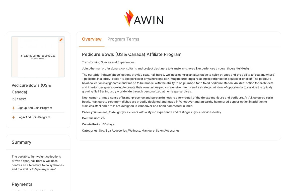 Pedicure Bowls affiliate program signup page