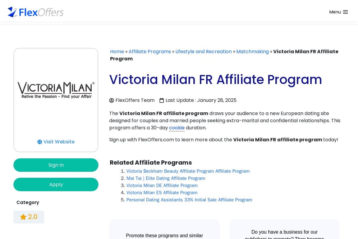 Victoria Milan affiliate program signup page