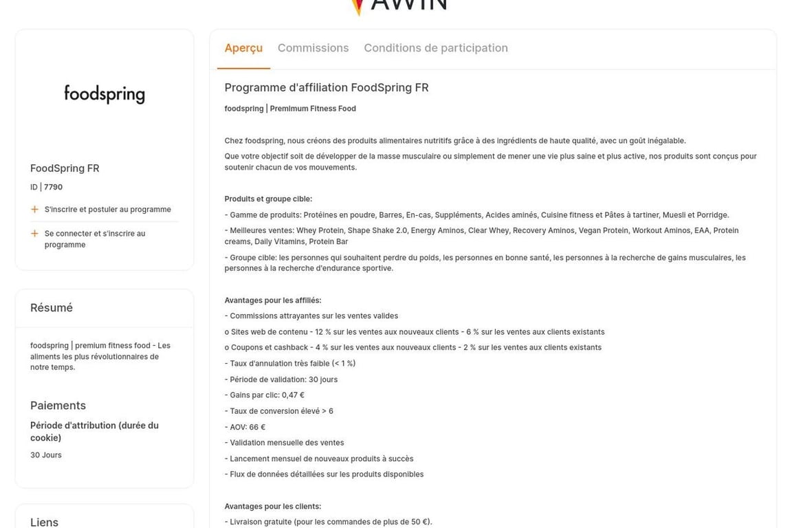 FoodSpring FR affiliate program signup page