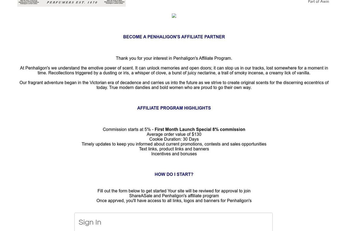Penhaligon’s (US) affiliate program signup page