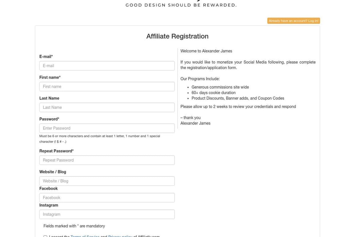 Alexander James Studio affiliate program signup page