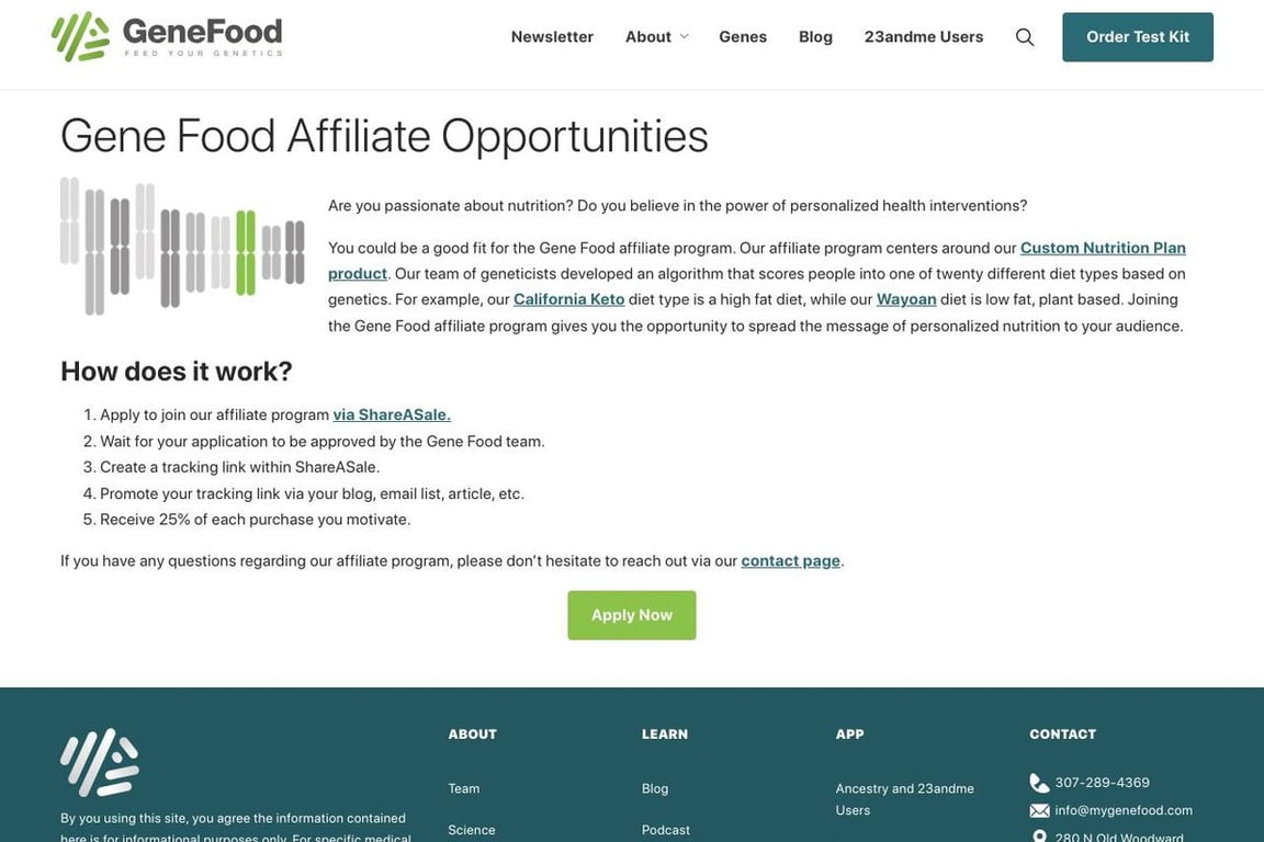 Gene Food affiliate program signup page