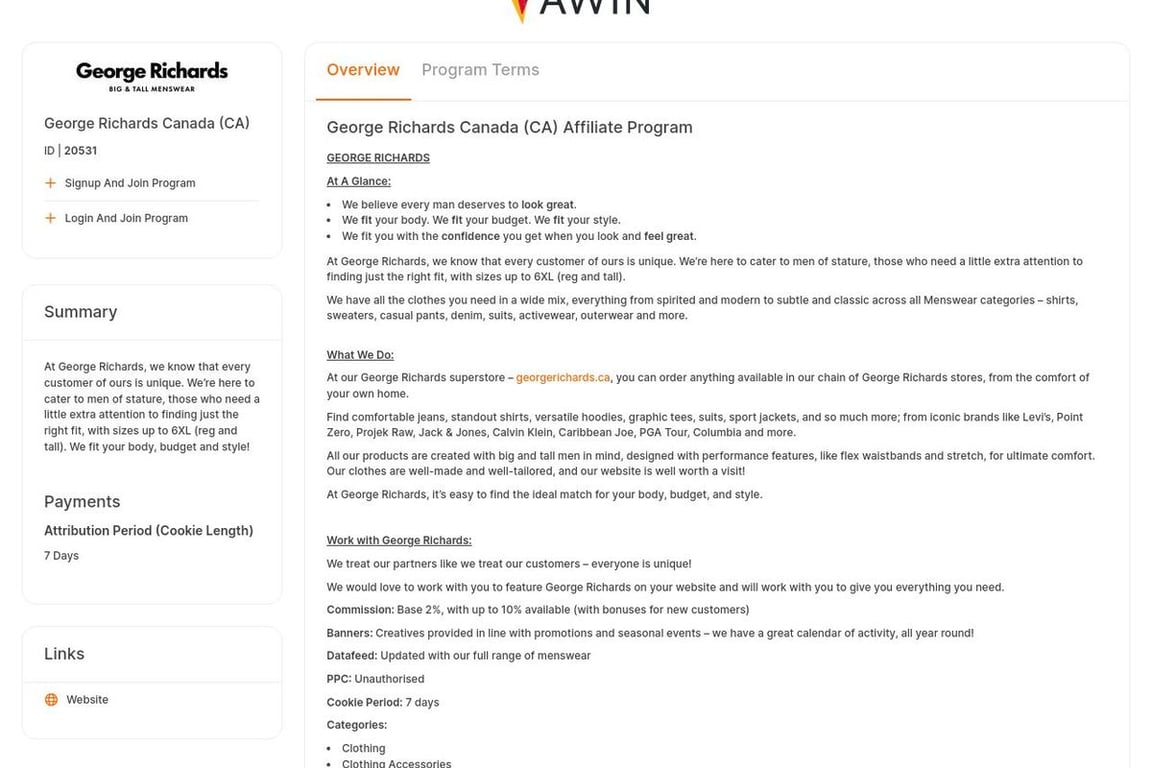 George Richards Canada affiliate program signup page