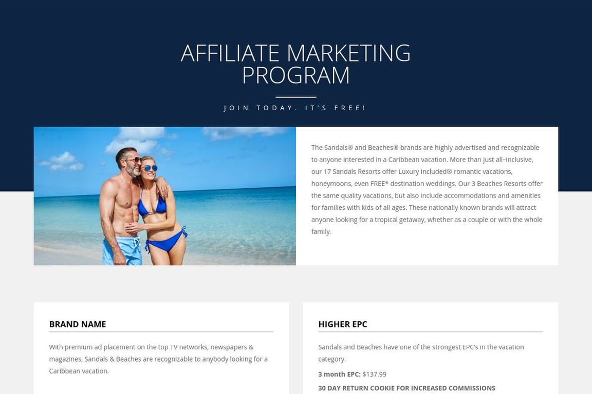 Sandals Resorts affiliate program signup page