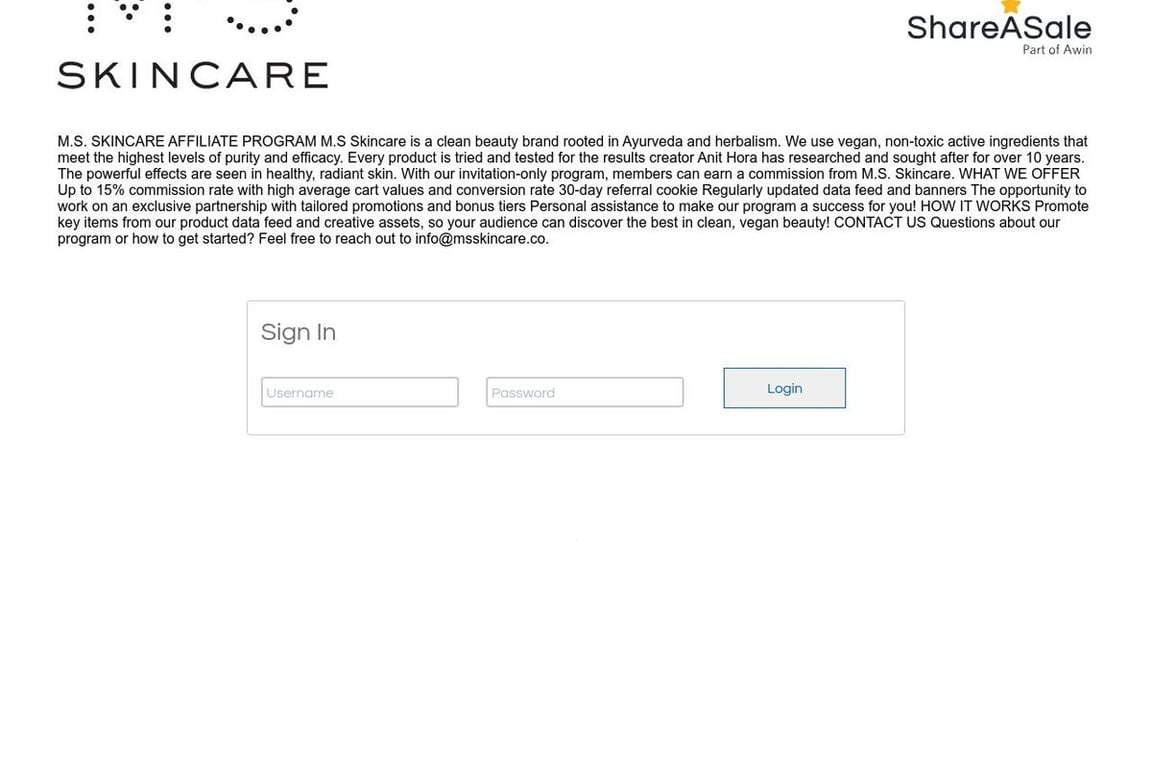 M.S Skincare affiliate program signup page
