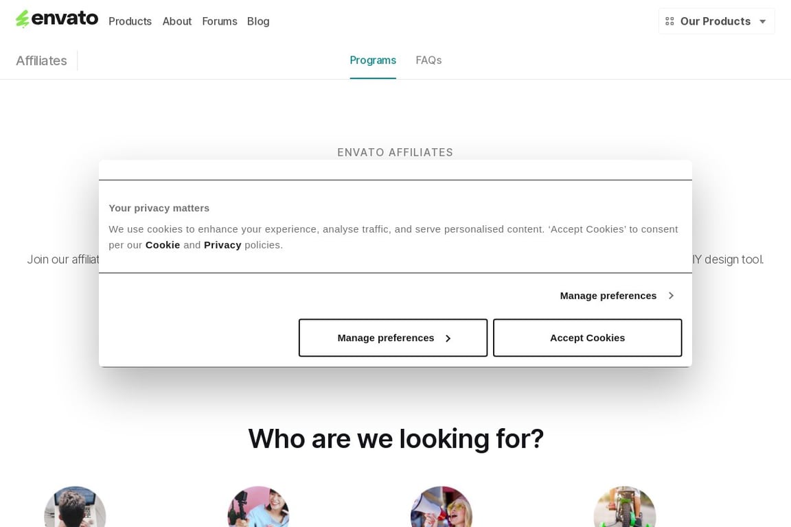 Envato Elements affiliate program signup page