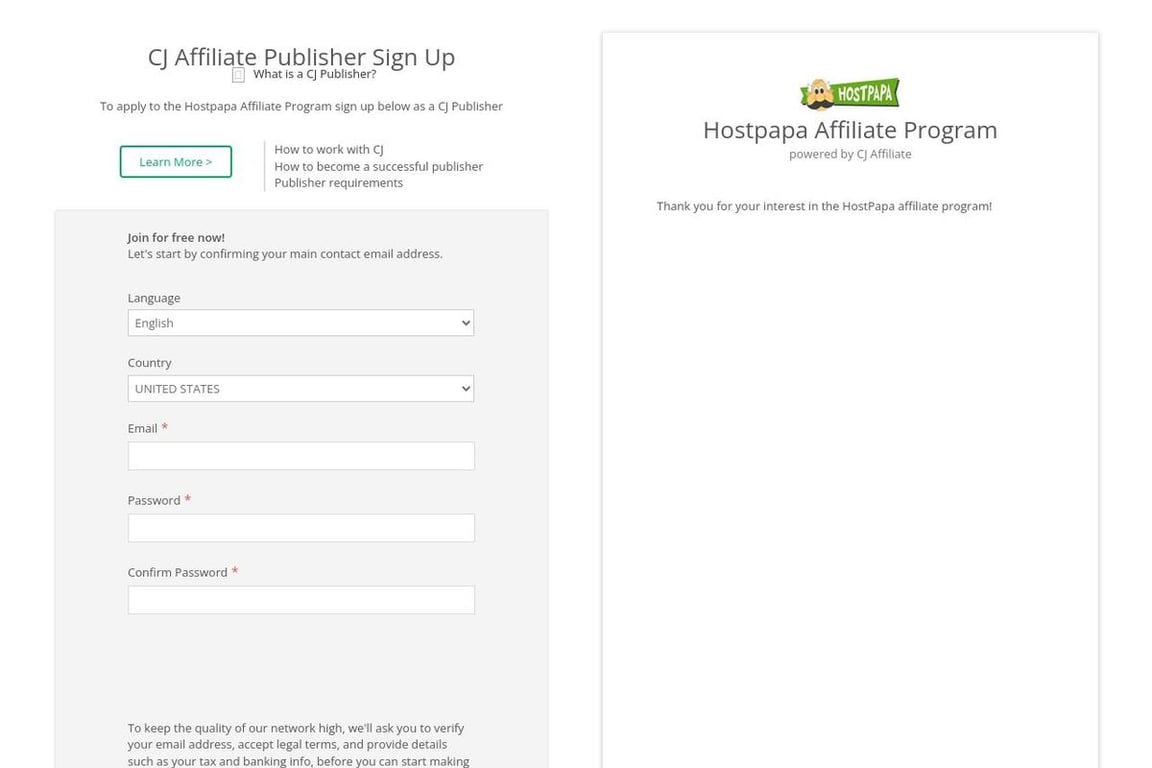 HostPapa affiliate program signup page