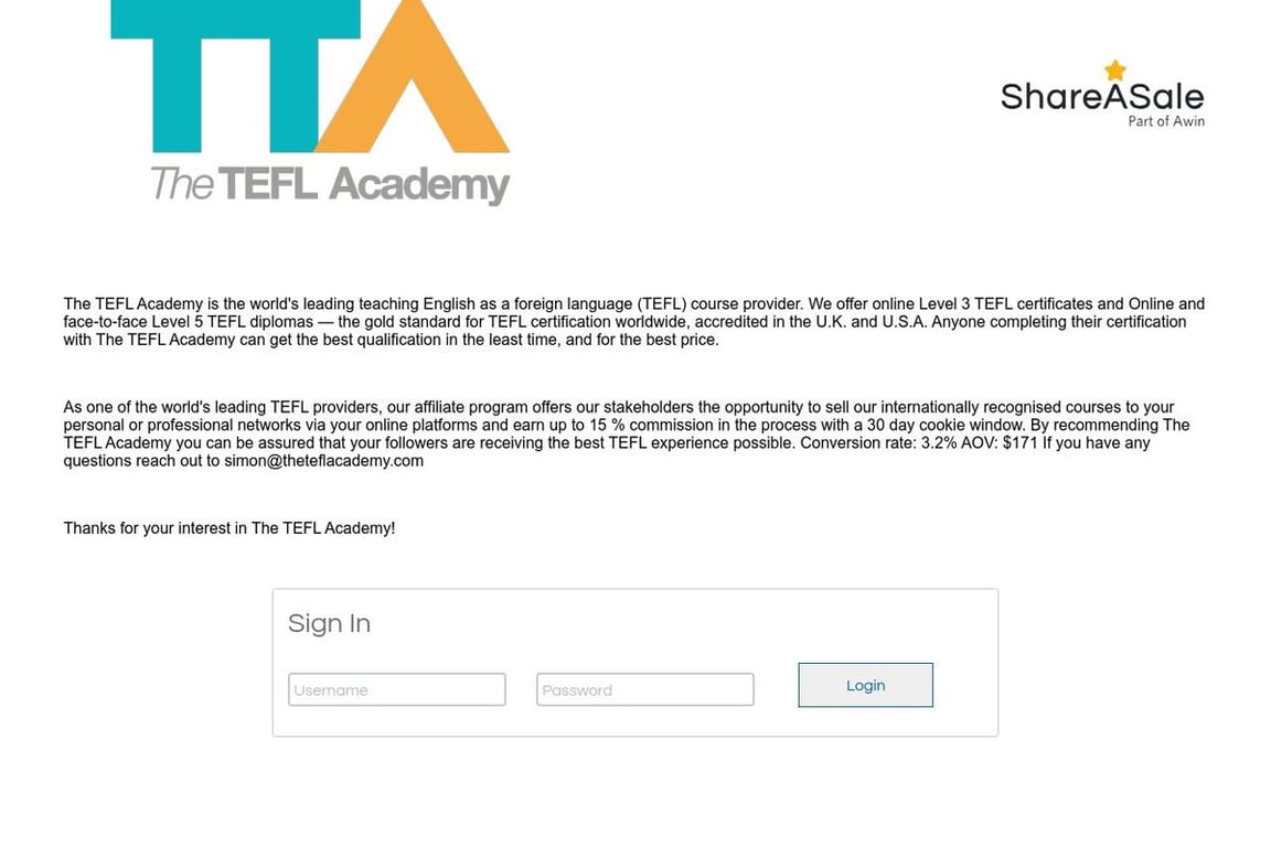 The TEFL Academy affiliate program signup page