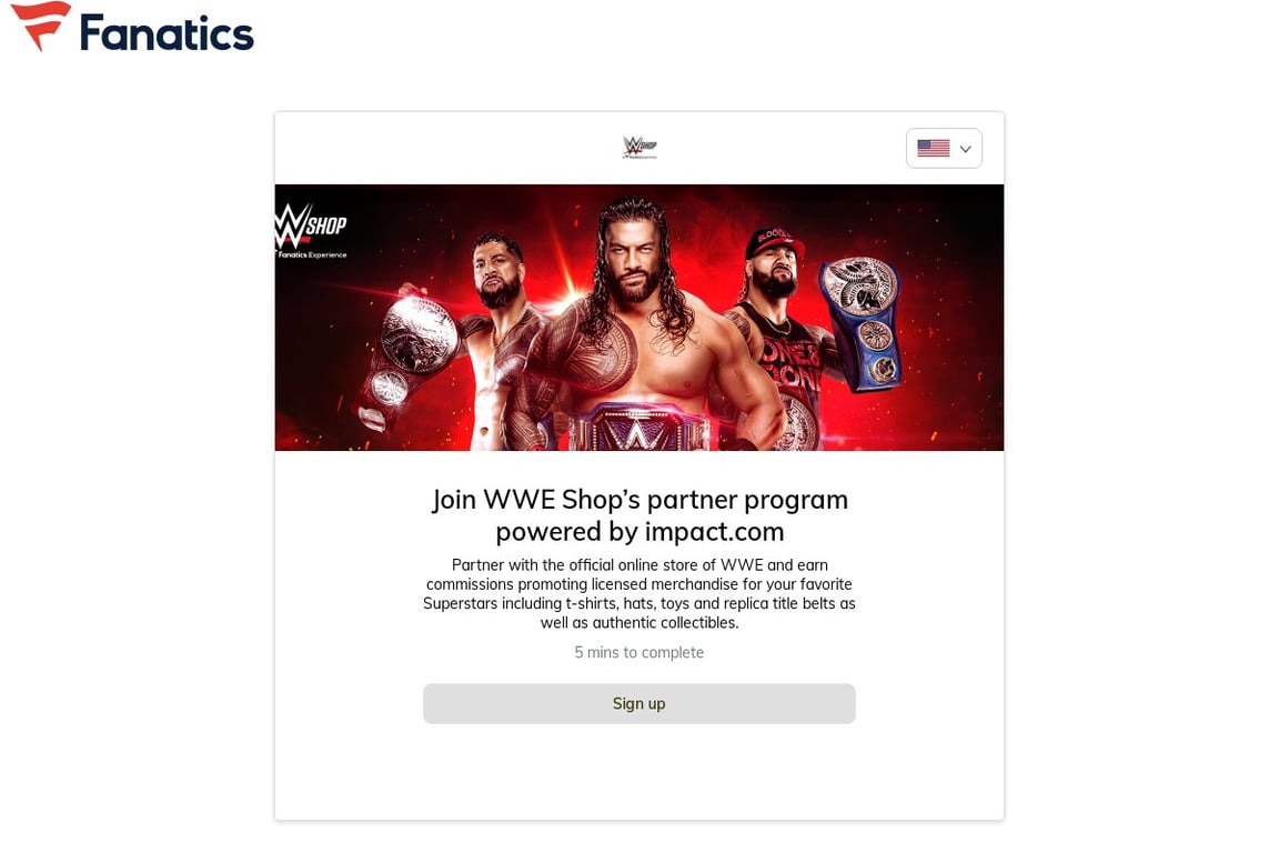 WWE Shop affiliate program signup page