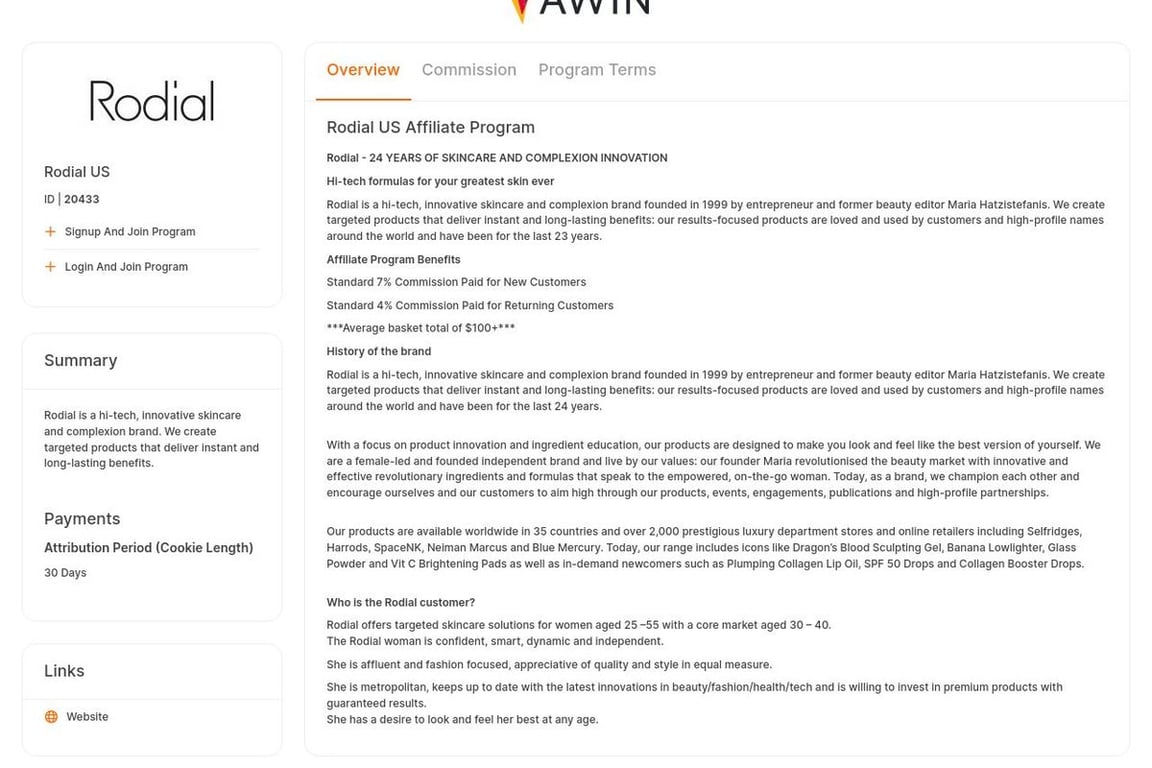 Rodial US affiliate program signup page