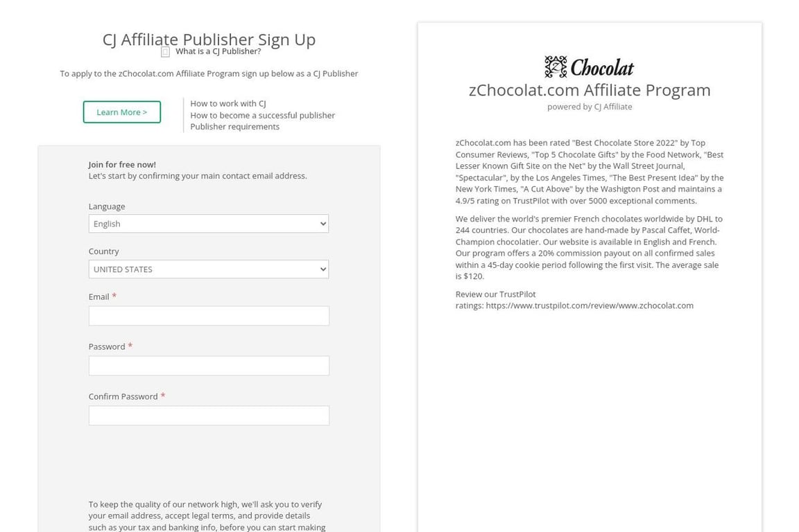 ZChocolat.com affiliate program signup page