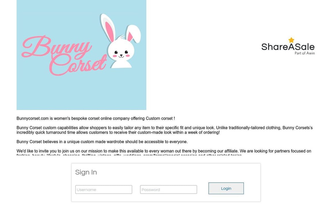Bunny Corset affiliate program signup page