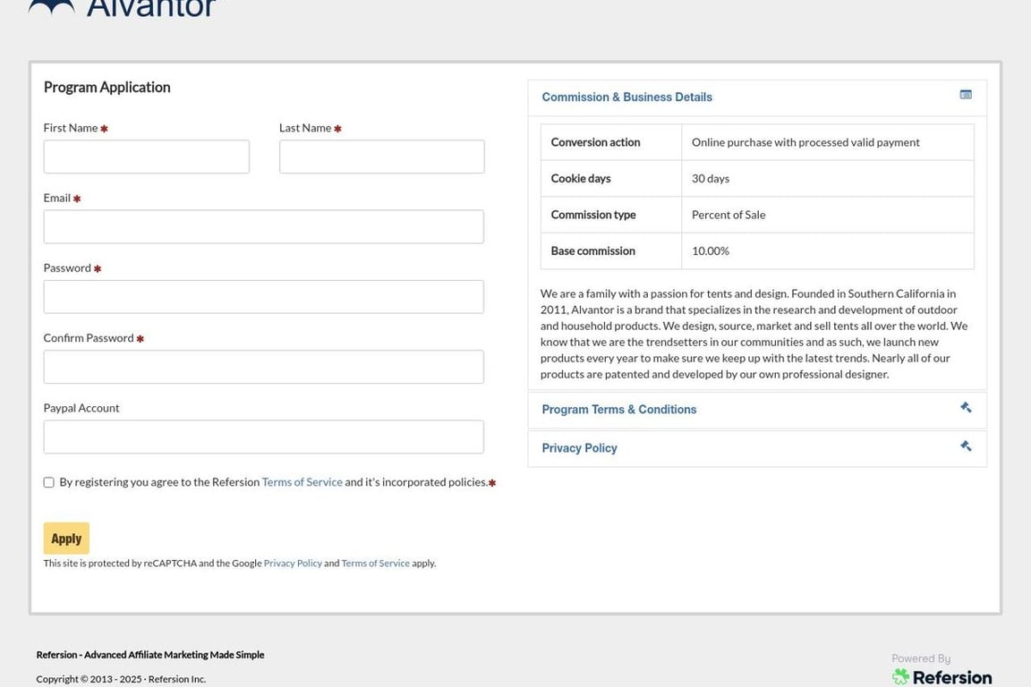 Alvantor Industry affiliate program signup page