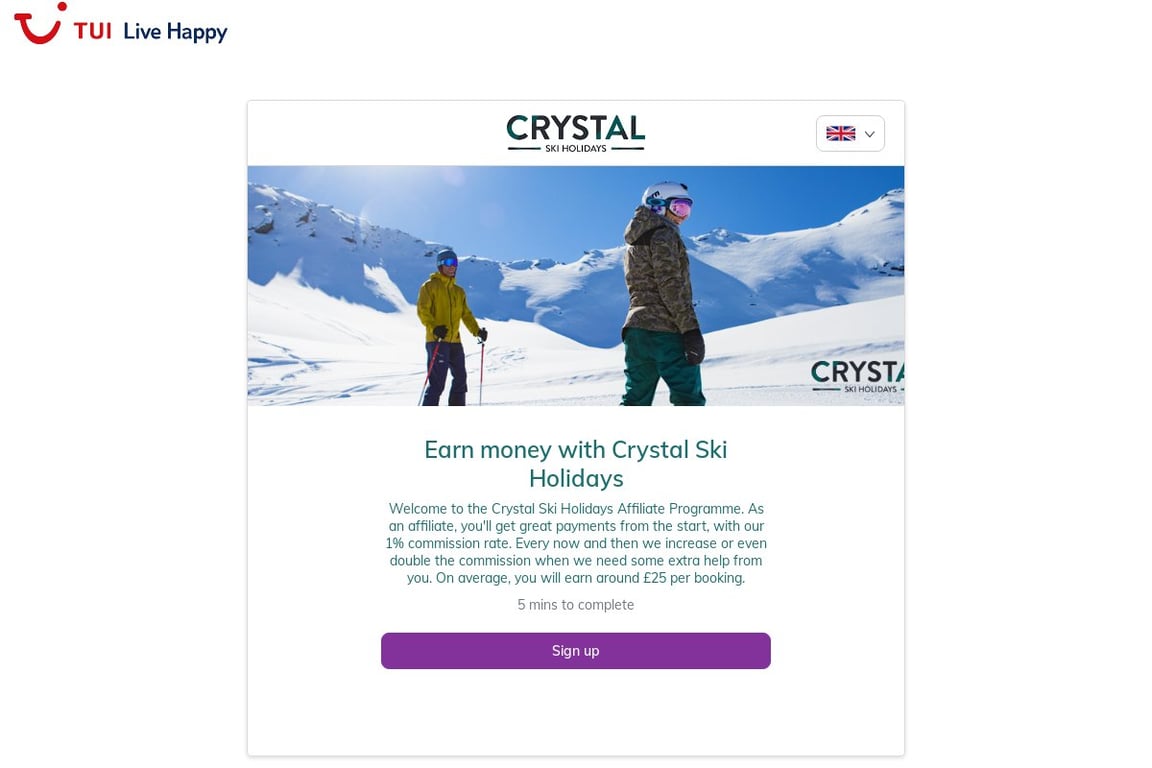 Crystal Ski Holidays affiliate program signup page