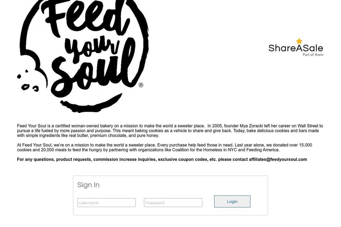 Feed Your Soul Bakery affiliate program signup page