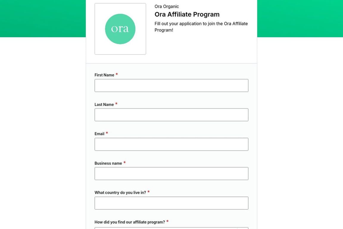 Ora Organic affiliate program signup page
