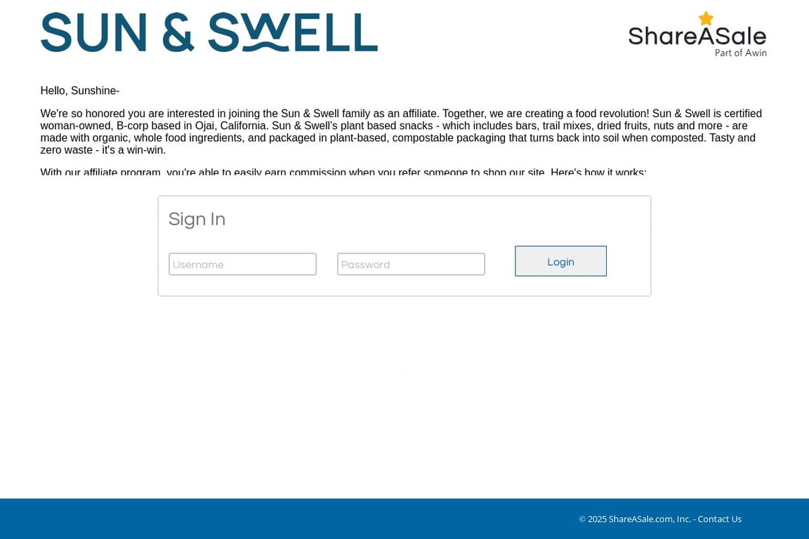 Sun & Swell Foods affiliate program signup page