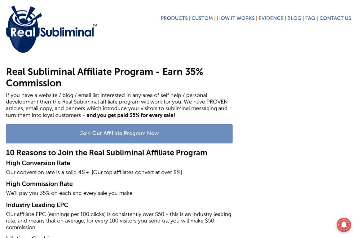 Real Subliminal affiliate program signup page