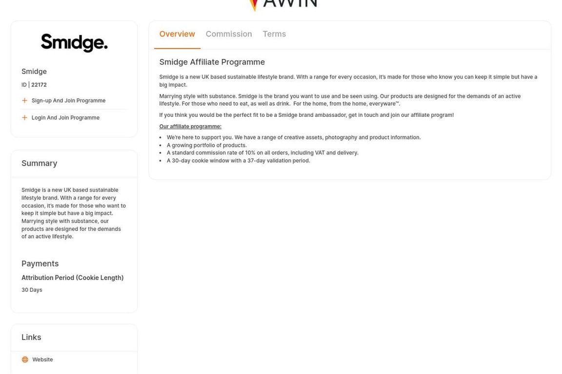 Smidge affiliate program signup page