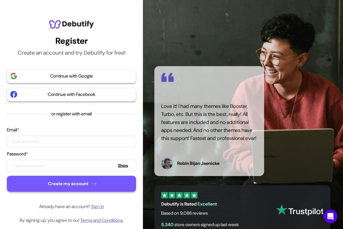 Debutify homepage