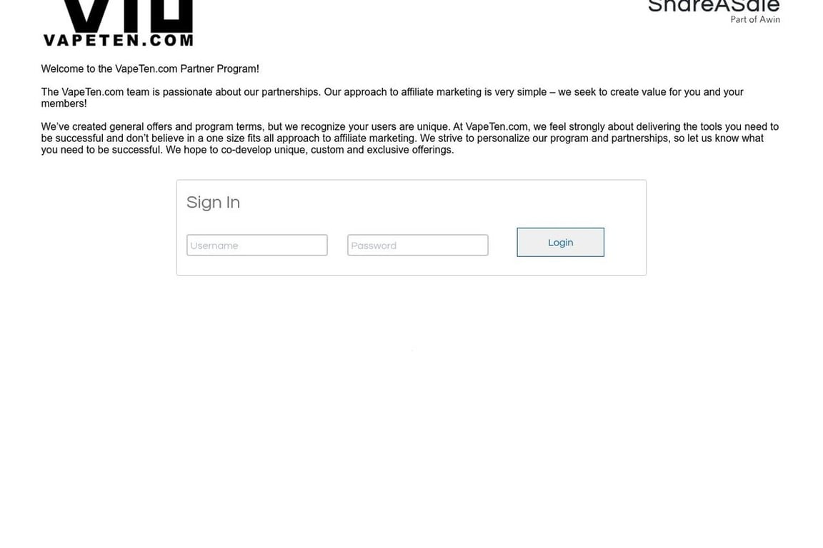 VapeTen.com affiliate program signup page