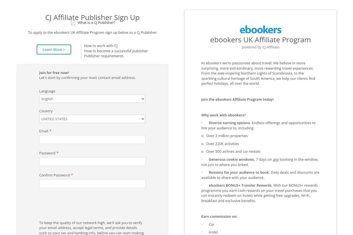Ebookers affiliate program signup page