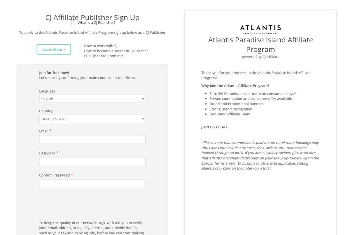 Atlantis affiliate program signup page