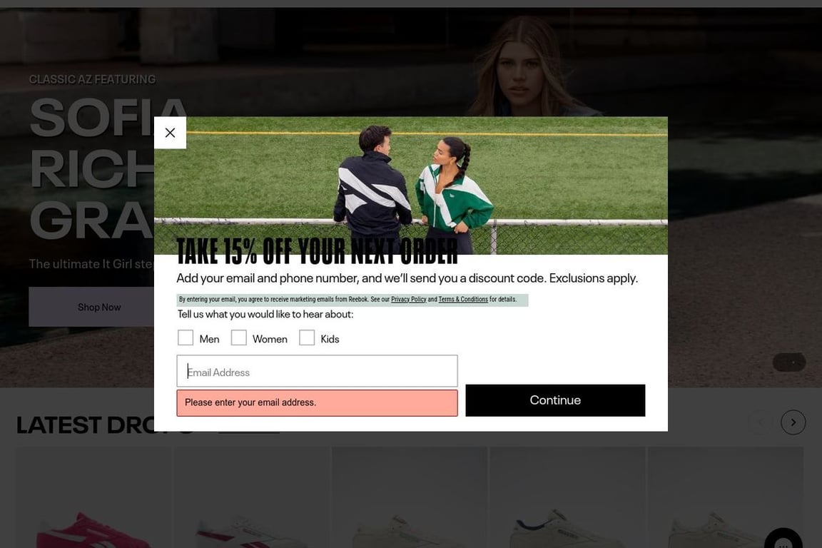 Reebok homepage