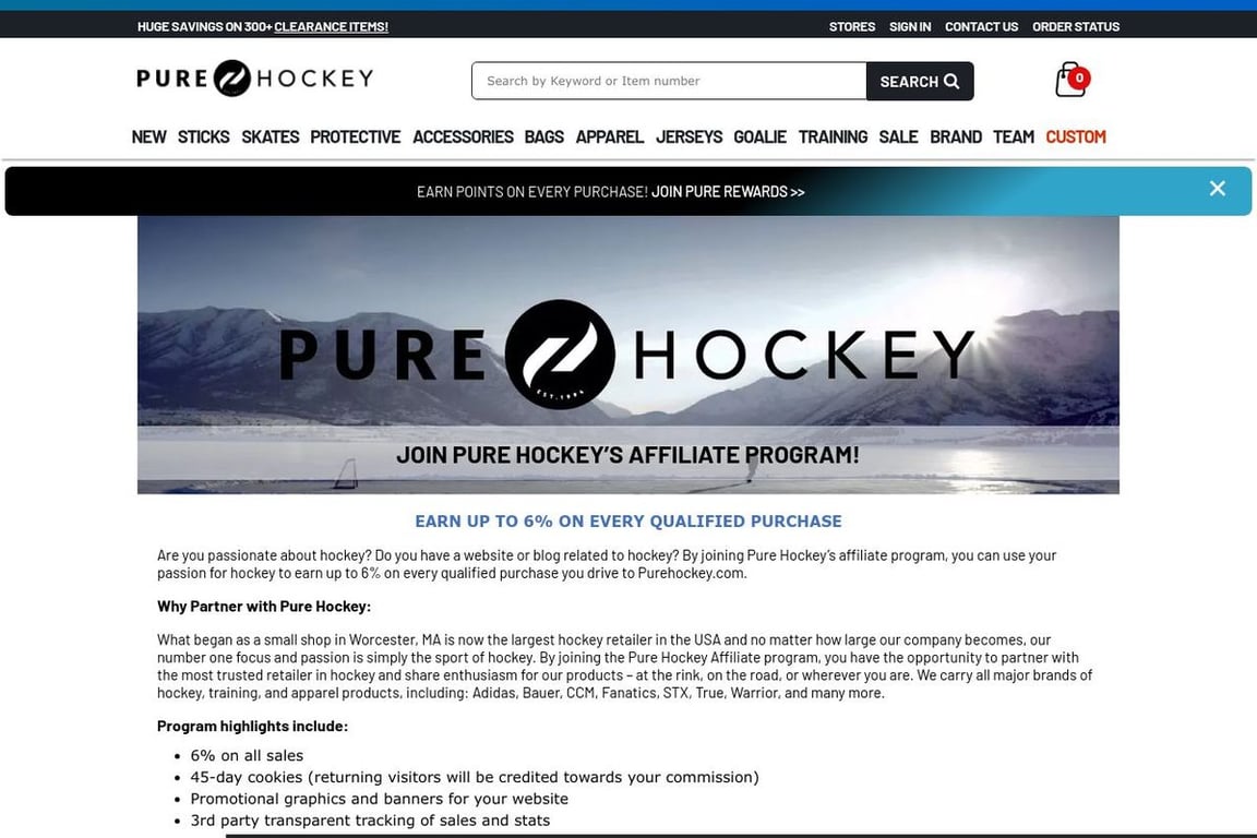 Pure Hockey affiliate program signup page