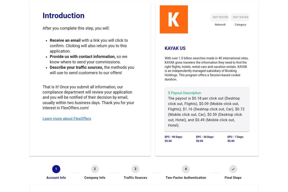 Kayak US affiliate program signup page