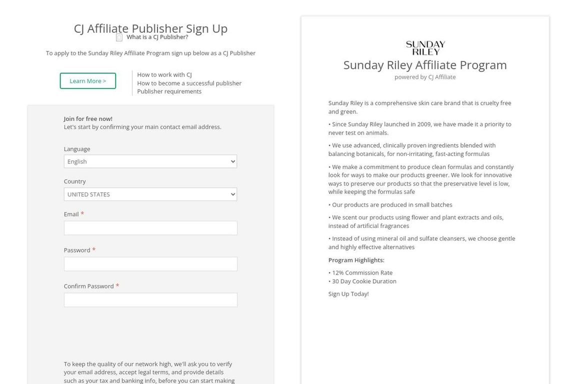 Sunday Riley affiliate program signup page
