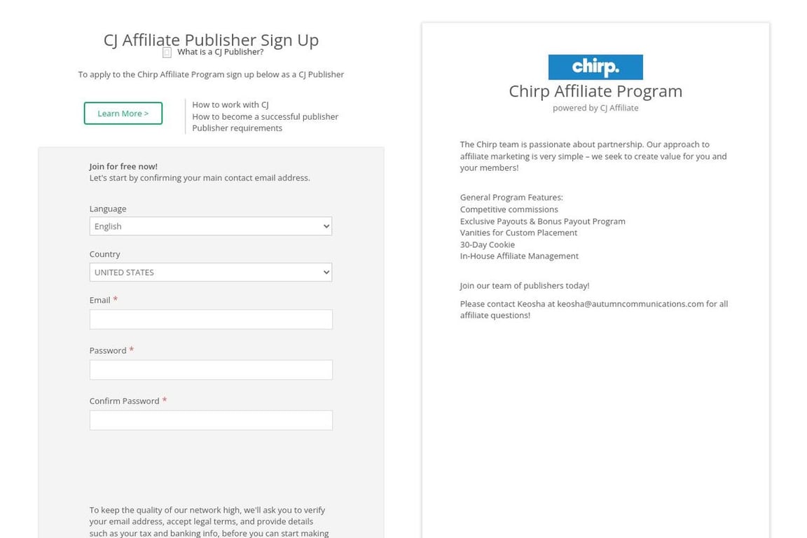 Chirp affiliate program signup page