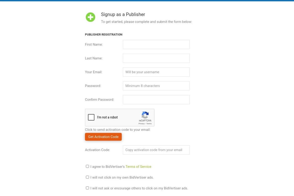 Bidvertiser affiliate program signup page