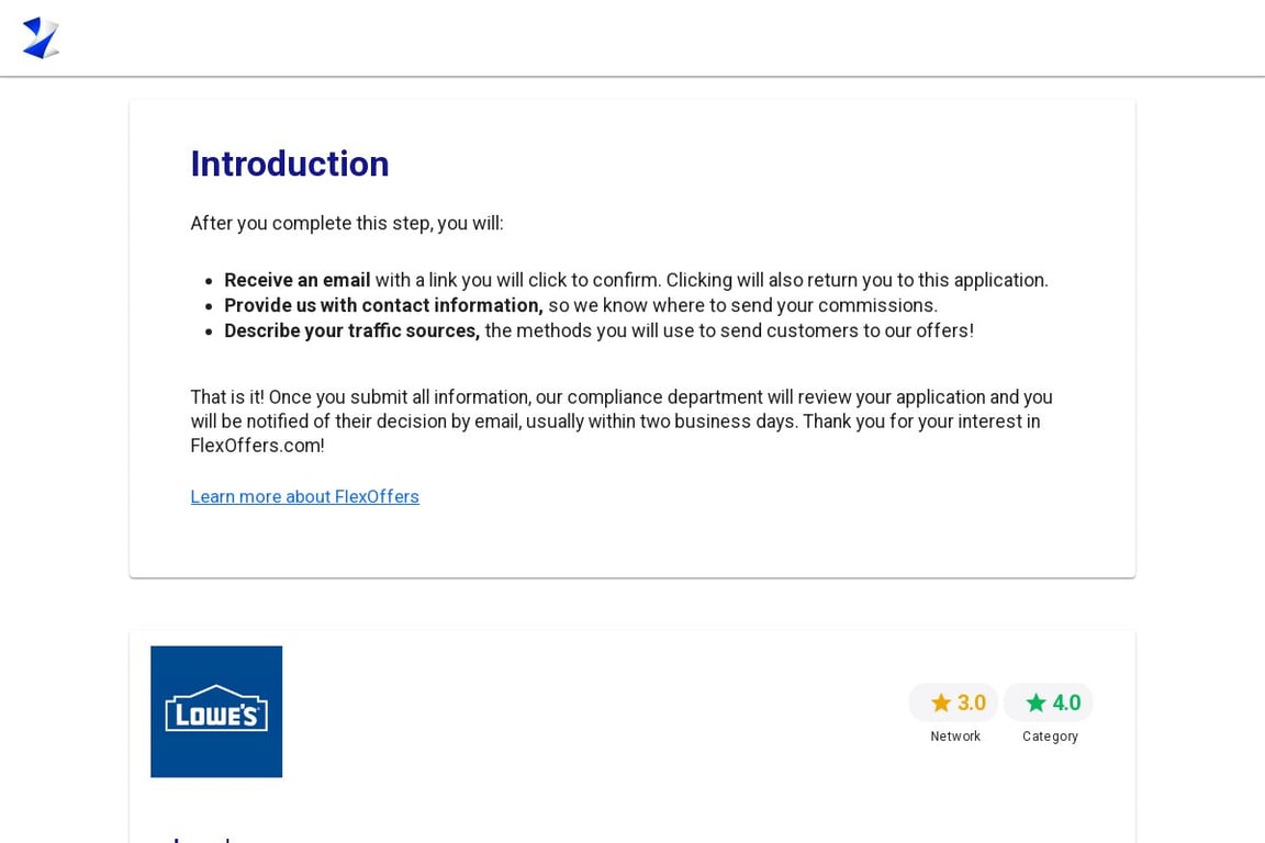 Lowe’s affiliate program signup page