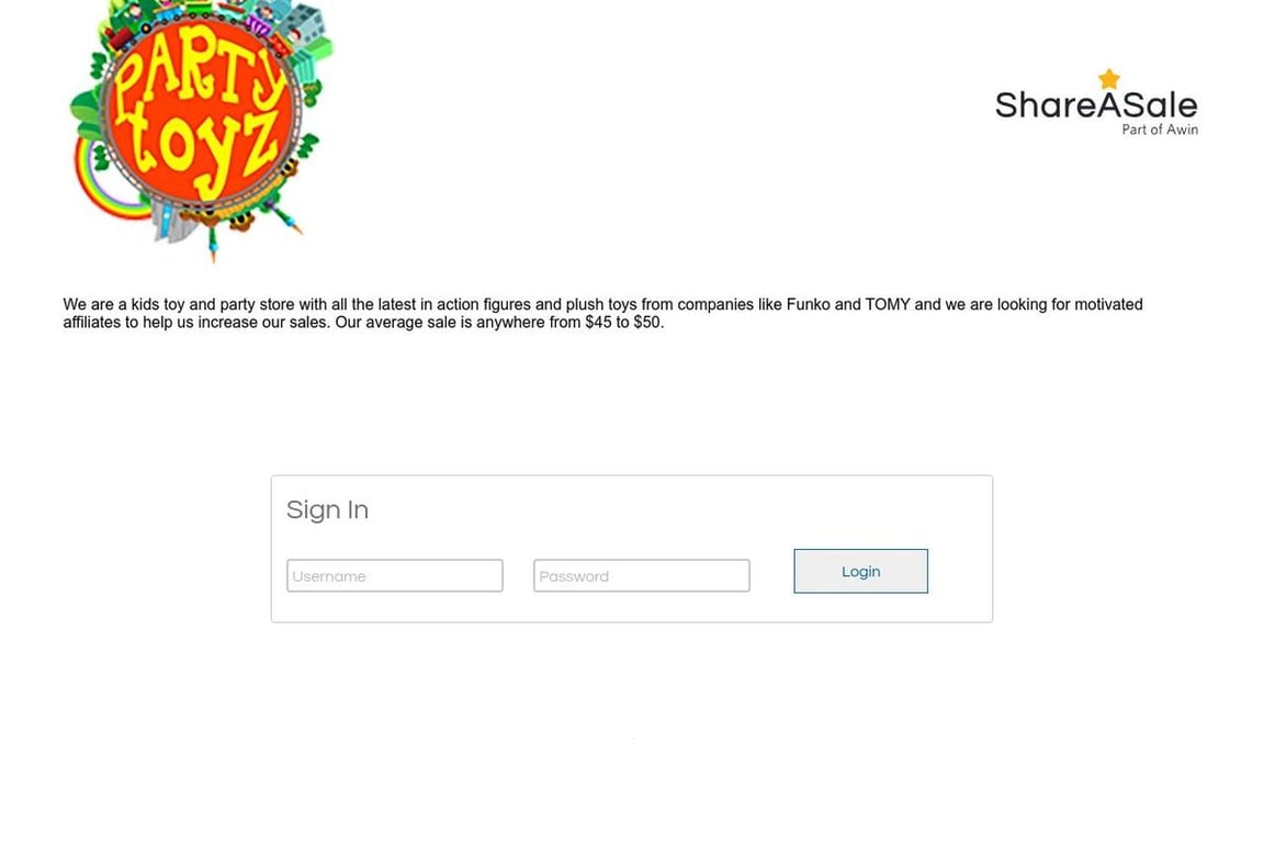 Partytoyz affiliate program signup page