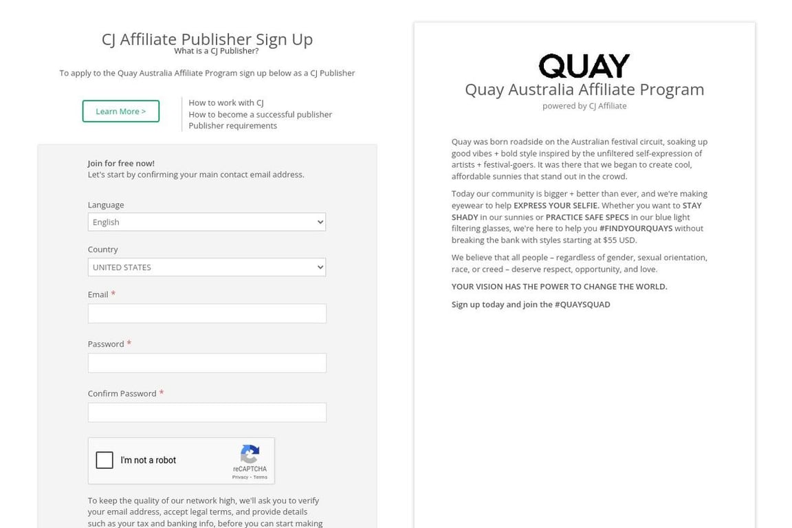 Quay Australia affiliate program signup page