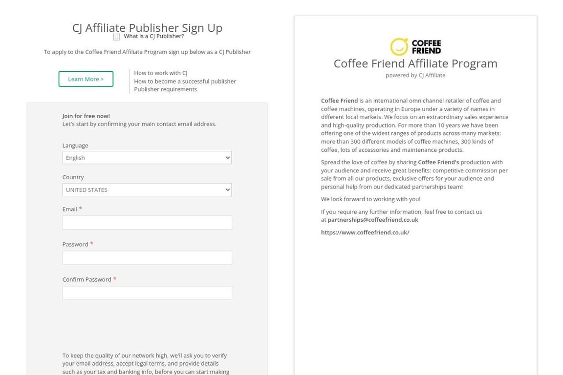 Coffee Friend Club affiliate program signup page