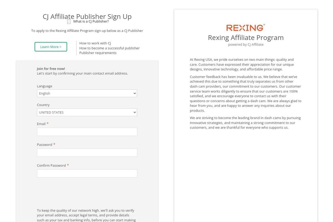 Rexing affiliate program signup page