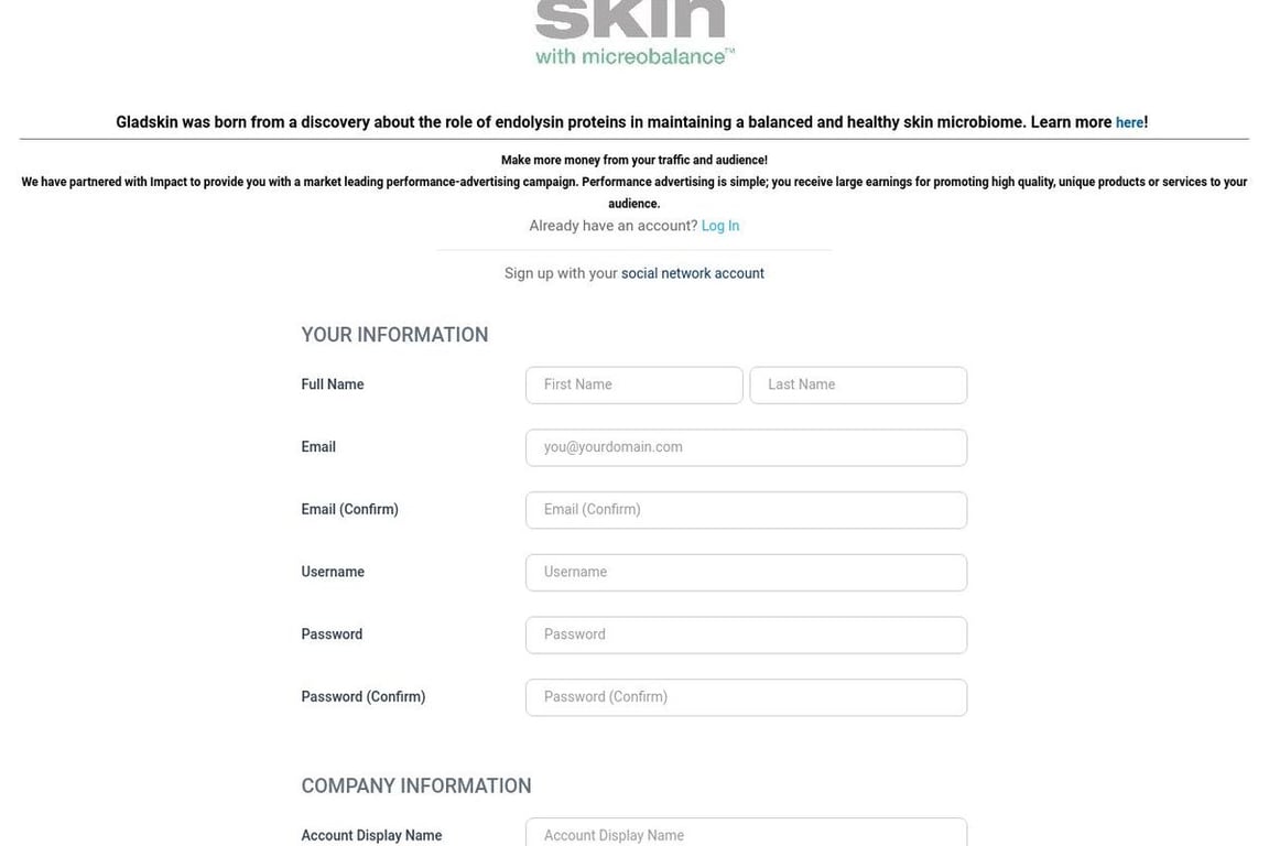 Gladskin affiliate program signup page