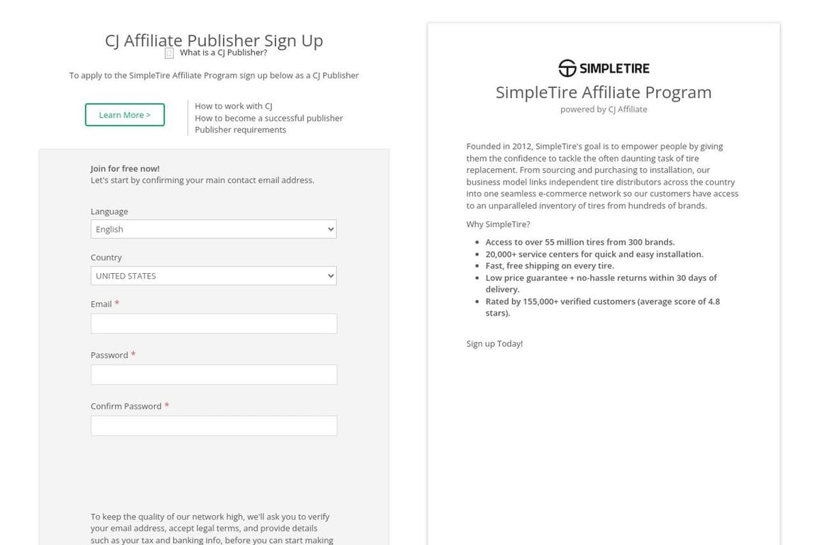 SimpleTire affiliate program signup page
