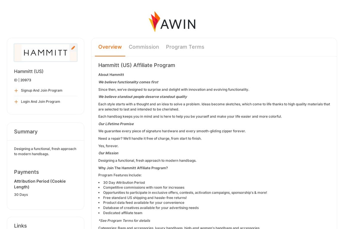Hammitt affiliate program signup page