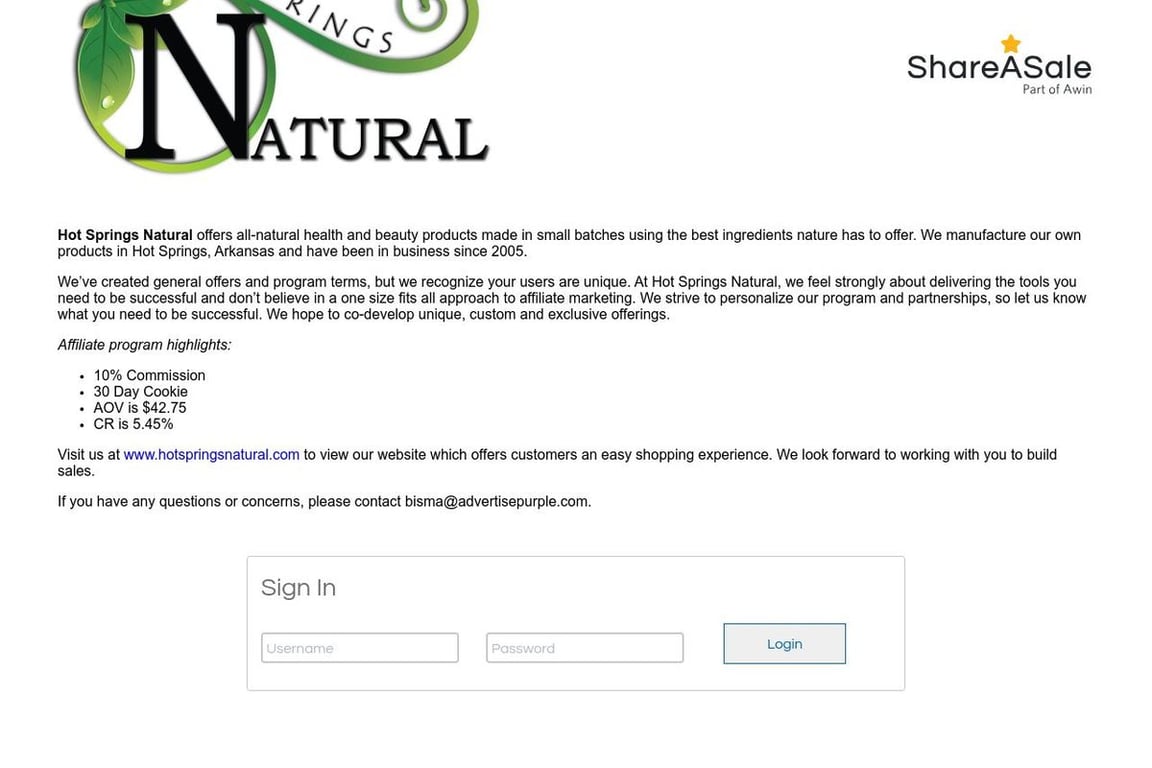 Hot Springs Natural affiliate program signup page