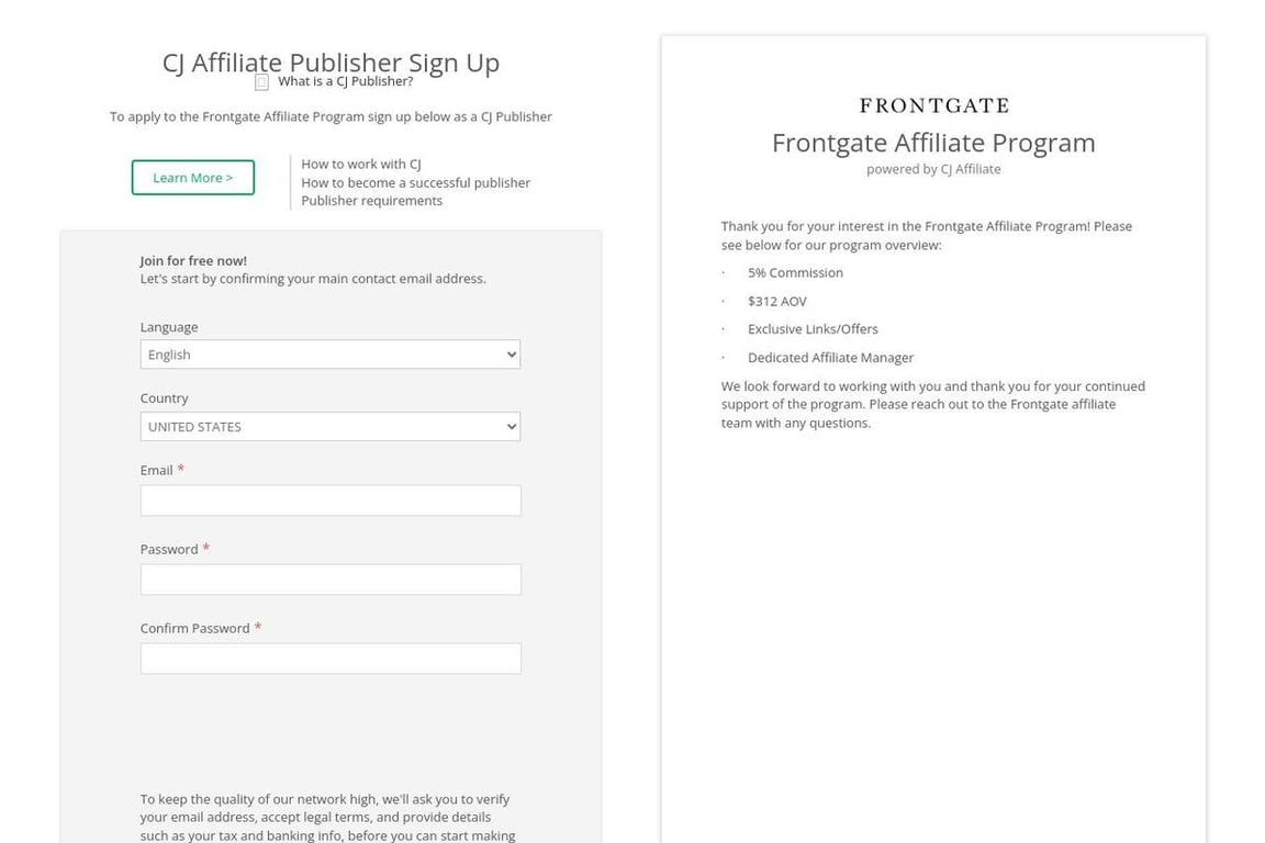 Frontgate affiliate program signup page