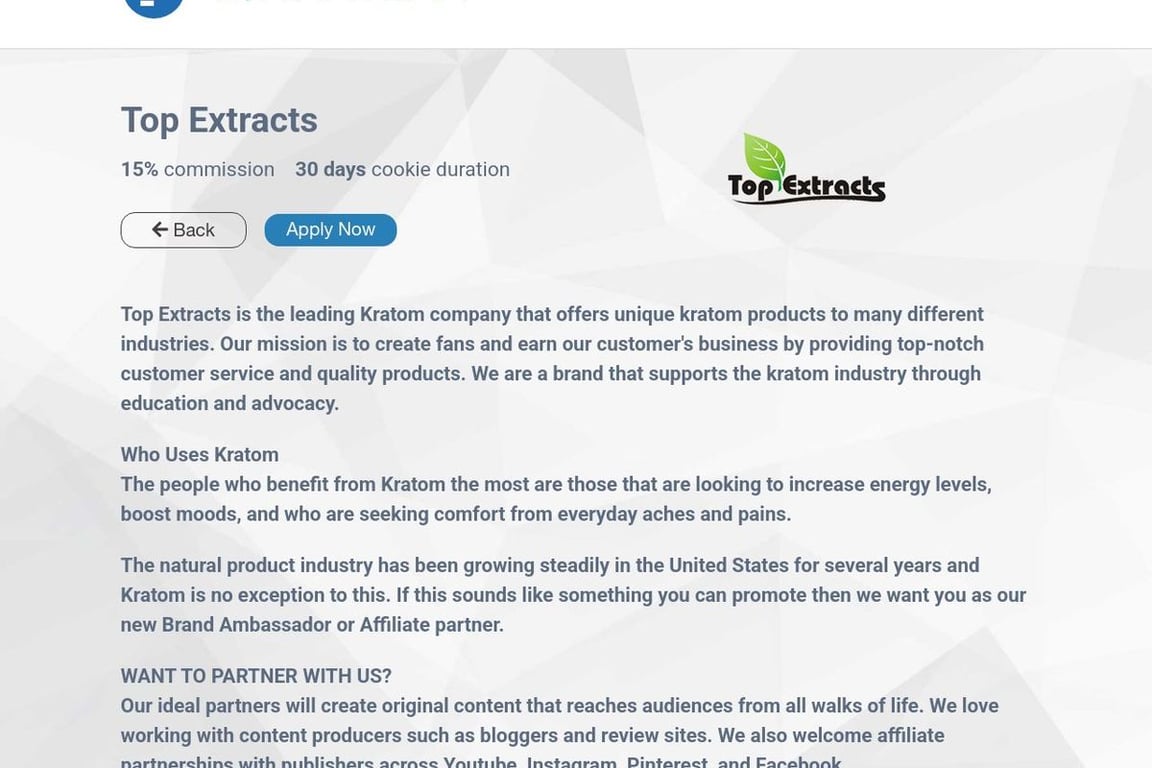Top Extracts affiliate program signup page